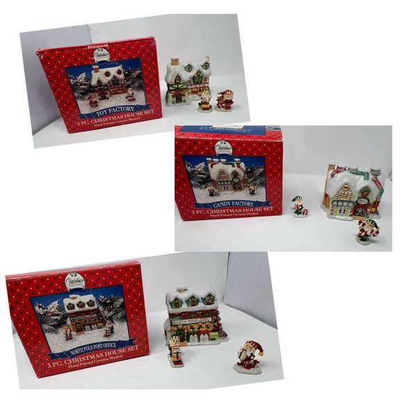 Christmas Expressions Hand Painted Ceramic Musical Village House Set Of THREE - Picture 1 of 16